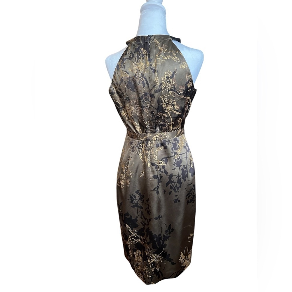 Tahari Olive Green, Gold and Black Sheath Dress, Midi, Racerback - Picture 4 of 9